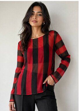 New with Tag Prada Chiffon Intarsi Striped Top  Red & Black Size 8 Made in Italy